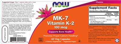 Photo of the NOW MK-7 Vitamin K-2 100 mcg label