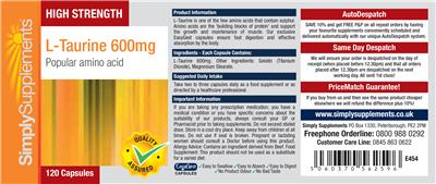 Photo of the Simply Supplements High Strength L-Taurine 600 mg label