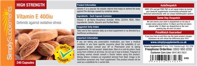 Photo of the Simply Supplements High Strength Vitamin E 400 IU label