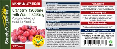 Photo of the Simply Supplements Maximum Strength Cranberry 12000 mg With Vitamin C 80 mg label
