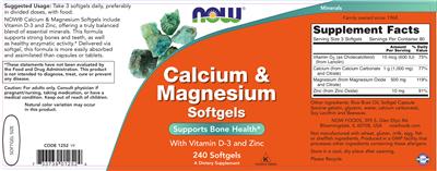 Photo of the NOW Calcium & Magnesium Softgels label