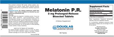 Photo of the Douglas Laboratories Melatonin P.R. 3 mg Prolonged-Release Bisected Tablets label