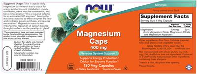 Photo of the NOW Magnesium Caps 400 mg label