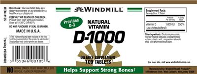 Photo of the Windmill Natural Vitamin D-1000 label