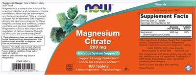 Photo of the NOW Magnesium Citrate 200 mg label
