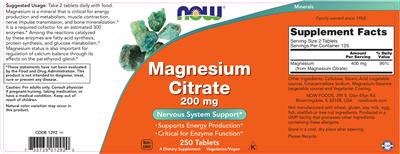 Photo of the NOW Magnesium Citrate 200 mg label