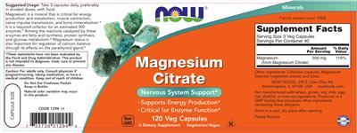 Photo of the NOW Magnesium Citrate label