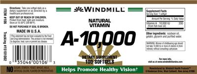Photo of the Windmill Natural Vitamin A-10,000 label