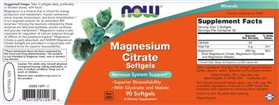 Photo of the NOW Magnesium Citrate Softgels label