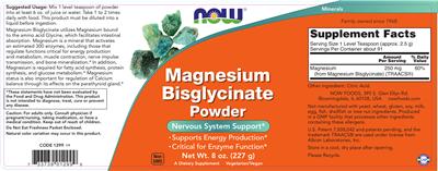 Photo of the NOW Magnesium Bisglycinate Powder label