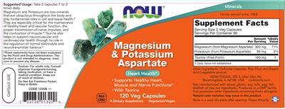 Photo of the NOW Magnesium & Potassium Aspartate label