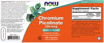 Photo of the NOW Chromium Picolinate 200 mcg label