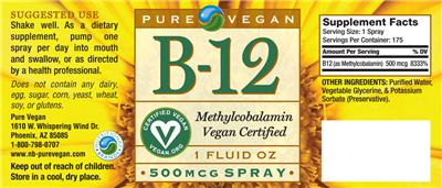 Photo of the Pure Vegan B-12 500 mcg Spray label