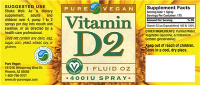 Photo of the Pure Vegan Vitamin D2 400 IU Spray label