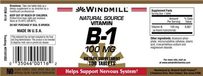 Photo of the Windmill Natural Source Vitamin B-1 100 mg label