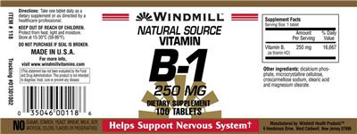 Photo of the Windmill Natural Source Vitamin B-1 250 mg label