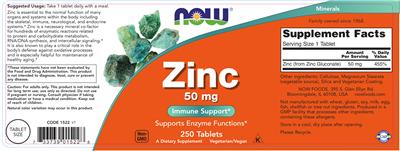 Photo of the NOW Zinc 50 mg label