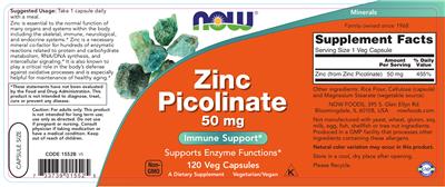 Photo of the NOW Zinc Picolinate 50 mg label