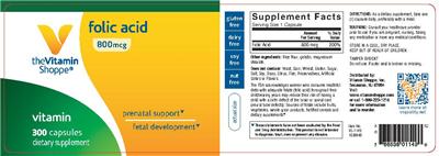 Photo of the The Vitamin Shoppe Folic Acid 800 mcg label