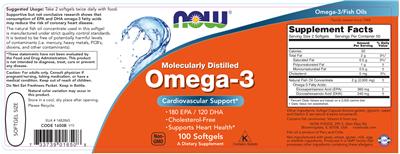 Photo of the NOW Molecularly Distilled Omega-3 label