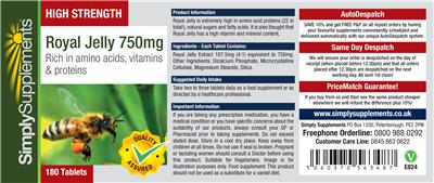 Product label for High Strength Royal Jelly 750 mg