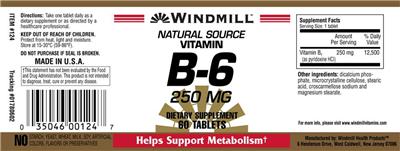 Photo of the Windmill Natural Source Vitamin B-6 250 mg label