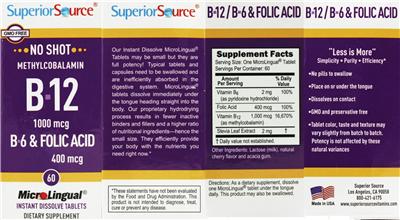 Photo of the Superior Source Methylcobalamin B-12 1000 mcg B-6 & Folic Acid 400 mcg label
