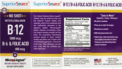 Photo of the Superior Source Methylcobalamin B-12 5000 mcg B-6 & Folic Acid 800 mcg label