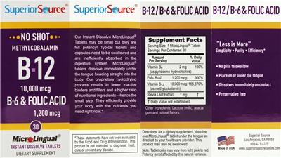 Photo of the Superior Source Methylcobalamin B-12 10,000 mcg B-6 & Folic Acid 1,200 mcg label