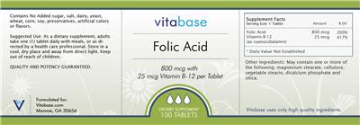 Photo of the Vitabase Folic Acid 800 mcg With 25 mcg Vitamin B-12 label