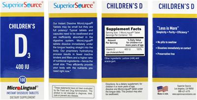 Photo of the Superior Source Children's D3 400 IU label