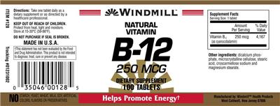 Photo of the Windmill B-12 250 mcg label
