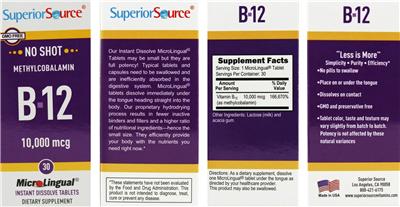 Photo of the Superior Source Methylcobalamin B-12 10,000 mcg label