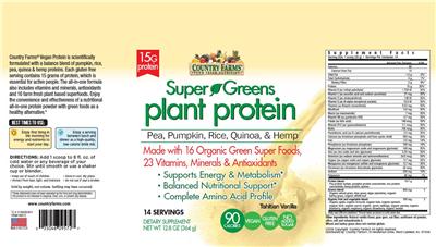 Photo of the Country Farms Super Greens Plant Protein Tahitian Vanilla Flavor label