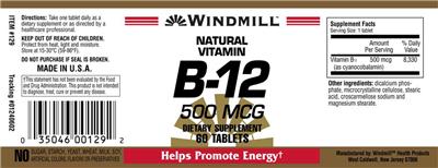 Photo of the Windmill B-12 500 mcg label