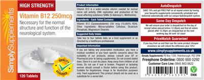 Photo of the Simply Supplements High Strength Vitamin B12 250 mcg label