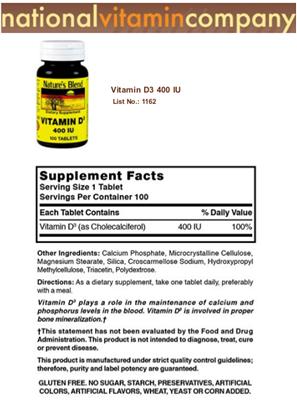 Photo of the Nature's Blend Vitamin D3 400 IU label