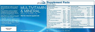 Photo of the Pharmax Multivitamin & Mineral (Adult Formula) label