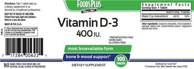 Photo of the Foods Plus Vitamin D-3 400 IU label