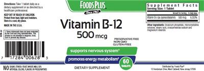 Photo of the Foods Plus Vitamin B-12 500 mcg label