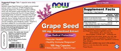 Photo of the NOW Grape Seed 100 mg - Standardized Extract label
