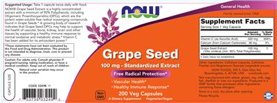 Photo of the NOW Grape Seed 100 mg label