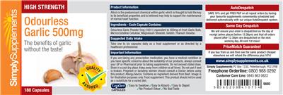 Photo of the Simply Supplements High Strength Odourless Garlic 500 mg label