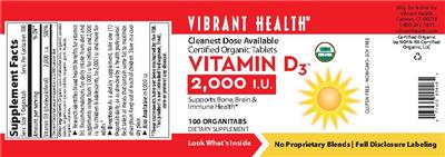 Photo of the Vibrant Health Vitamin D3 2,000 IU label