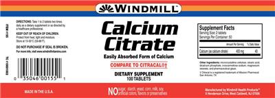 Photo of the Windmill Calcium Citrate label
