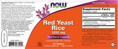 Photo of the NOW Red Yeast Rice 1200 mg label