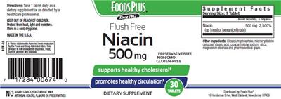Photo of the Foods Plus Flush Free Niacin 500 mg label