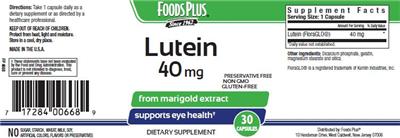 Photo of the Foods Plus Lutein 40 mg label