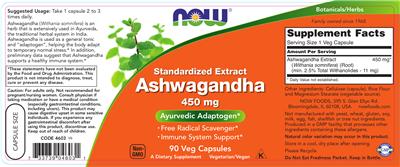 Product label for Standardized Extract Ashwagandha 450 mg