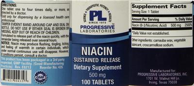 Photo of the PL Progressive Laboratories Niacin Sustained Release 500 mg label